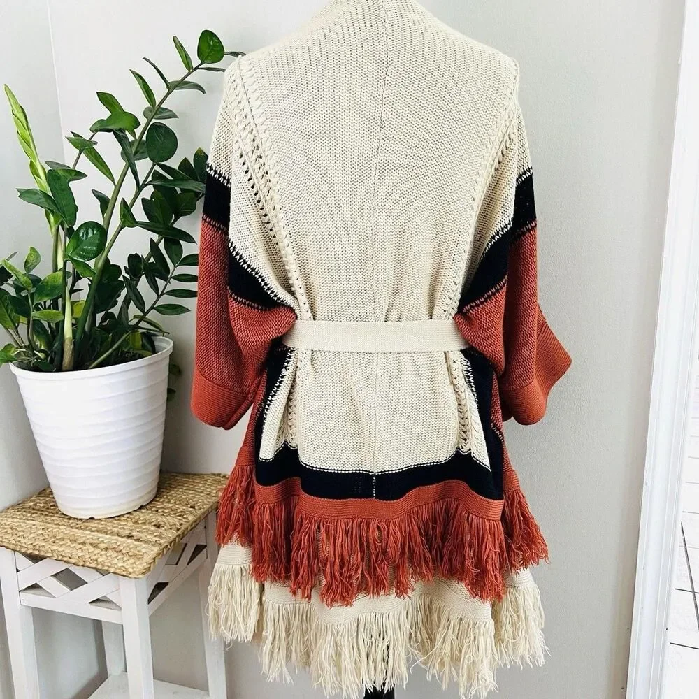 Cato XL Boho Fringe Cardigan Belted Colorblock Rust Cream Black - Picture 5 of 8